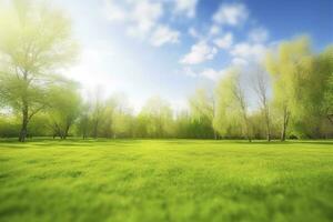 Beautiful blurred background image of spring nature with a neatly trimmed lawn surrounded by trees against a blue sky with clouds on a bright sunny day, generate ai photo