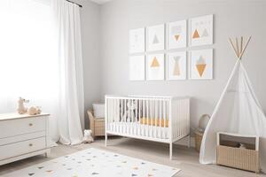 Modern minimalist nursery room in scandinavian style. Baby room interior in light colours, image photo