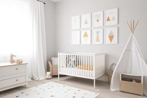 Modern minimalist nursery room in scandinavian style. Baby room interior in light colours, image photo