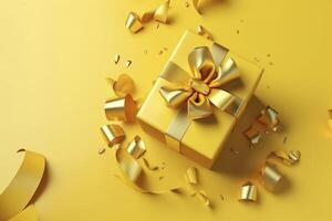 regalo caja con dorado satín cinta y arco en amarillo antecedentes. fiesta regalo con Copiar espacio. cumpleaños o Navidad presente, plano poner, parte superior vista. Navidad caja de regalo concepto. ai generado. foto