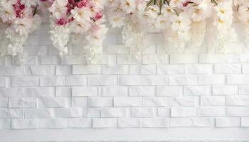 Flower texture background for wedding scene. Flowers on white brick wall with free space for text. Wedding or party decoration. Floral arrangement, floristics setting, generate ai photo