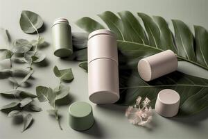 Eco friendly cosmetics decorated with green leaves, organic facial skincare, makeup and skin care cosmetic items. image. photo