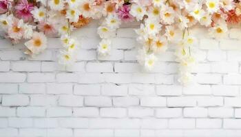 Flower texture background for wedding scene. Flowers on white brick wall with free space for text. Wedding or party decoration. Floral arrangement, floristics setting, generate ai photo