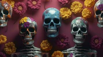 skeleton family, skulls, flowers, dusted, faded, mexican art, day of the dead, hyper detailed, intricate patterns, art deco, vibrant colors, unreal engine, generate ai photo