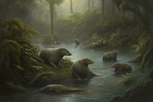 A family of platypuses swimming in a river surrounded by a dense forest, generate ai photo