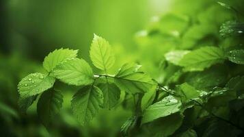 Earth Day and World Environment Day, Spring, Tropical tree leaves and branch with beautiful green forest background, generate ai photo
