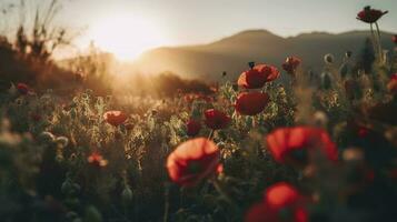 A stunning photo captures the golden hour in a field of radiant red poppies, symbolizing the beauty, resilience, and strength of nature, generate ai