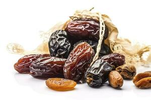 Eid al-Fitr holiday concept with sweet dried dates, fruits and decorations on bright background. Top view from above, generate ai photo