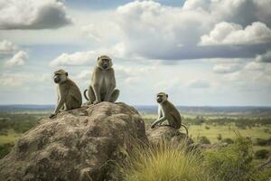 A family of baboons perched on a rocky outcropping in a savanna landscape, generate ai photo