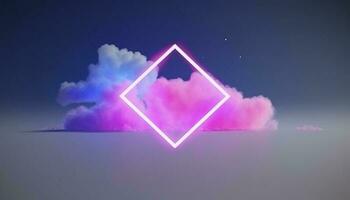 3d render, abstract minimal background with pink blue yellow neon light square frame with copy space, illuminated stormy clouds, glowing geometric shape, generate ai photo