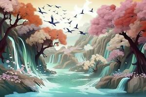 3d mural colorful landscape. flowers branch multi colors with trees and water. Waterfall and flying birds. suitable for printing on canvas, generate ai photo
