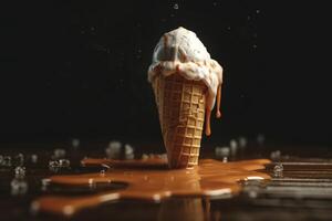 Melting ice cream cone. Created with technology. photo