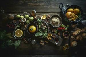 mesa escena con un selección de delicioso alimentos parte superior ver terminado un oscuro madera bandera fondo, generar ai foto