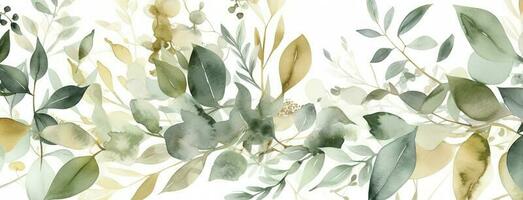 Watercolor seamless border - illustration with green gold leaves and branches, for wedding stationary, greetings, wallpapers, fashion, backgrounds , generate ai photo