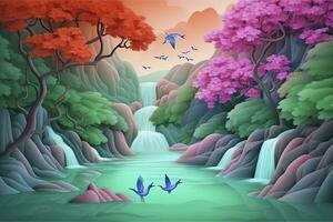 3d mural colorful landscape. flowers branch multi colors with trees and water. Waterfall and flying birds. suitable for printing on canvas, generate ai photo