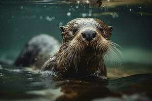 Illustration of cute otter diving underwater, generate ai photo