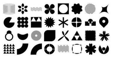 Collection of geometric shapes on white background. Abstract black color icon element of flower, wave, sparkling, different shapes, ring. Icon graphic design for decoration, logo, business, ads. vector