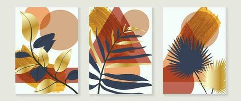 Set of abstract foliage wall art vector. Leaves, geometric shapes, earth tone colors, leaf branch and gold brush. Luxury wall decoration collection design for interior, poster, cover, banner. vector