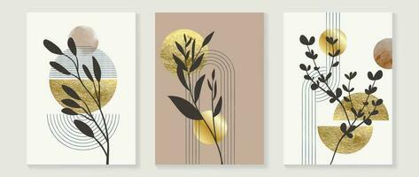 Set of abstract foliage wall art vector. Leaves, geometric shapes, black color, leaf branch and gold texture. Luxury wall decoration collection design for interior, poster, cover, banner. vector