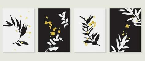 Abstract botanical background vector. Set of black and white leaf branches, foliage, plants, gold texture. Monochrome illustration Design for wall decoration, wall arts, cover, postcards, brochure. vector