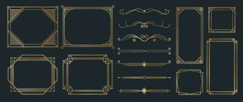 Collection of geometric art deco ornament. Luxury golden decorative elements with different lines, frames, headers, dividers and borders. Set of elegant design suitable for card, invitation, poster. vector