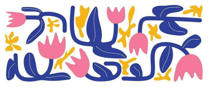 Abstract botanical art background vector. Natural hand drawn pattern design with coral, tulip flower, leaves. Simple contemporary style illustrated Design for fabric, print, cover, banner, wallpaper.