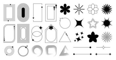 Set of geometric shapes in trendy 90s style. Black trendy design with frame, sparkles, star, flower, arrow, lines. Y2k aesthetic element illustrated for banners, social media, poster design, sticker. vector