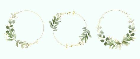 Luxury botanical gold wedding frame elements on white background. Set of polygon, circle, glitters, eucalyptus leaves, leaf branches. Elegant foliage design for wedding, card, invitation, greeting. vector
