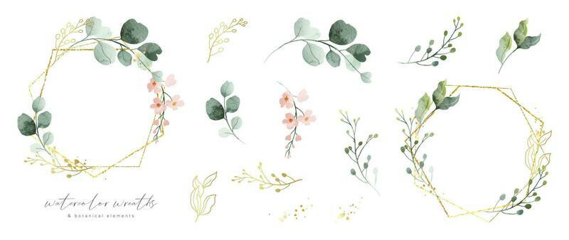 Luxury botanical gold wedding frame elements collection. Set of polygon, circle, glitters, leaf branches, flower, eucalyptus. Elegant foliage design for wedding, card, invitation, greeting.