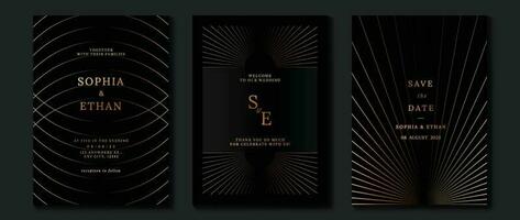 Luxury wedding invitation card background vector. Golden elegant geometric shape, gold wavy lines on dark background. Premium design illustration for wedding and vip cover template, banner, poster. vector