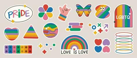 Happy Pride LGBTQ element set. LGBTQ community symbols with rainbow flag, heart, flower. Elements illustrated for pride month, bisexual, transgender, gender equality, sticker, rights concept. vector