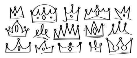 Set of doodle crowns vector. Hand drawn king or queen crowns luxurious prince and princess head accessories, diadems. Royal head tiara illustration collection design for graffiti, decorative. vector