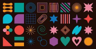 Set of abstract retro geometric shapes vector. Collection of contemporary figure, heart, line, stars in 70s groovy style. Bauhaus Memphis design element perfect for banner, prints, stickers, decor. vector