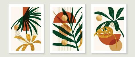 Set of abstract foliage wall art vector. Leaves, geometric shapes, earth tone colors, leaf branch and gold texture. Luxury wall decoration collection design for interior, poster, cover, banner. vector