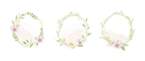 Luxury botanical gold wedding frame elements on white background. Set of polygon, circle, glitters, flower, leaf branches. Elegant foliage design for wedding, card, invitation, greeting. vector