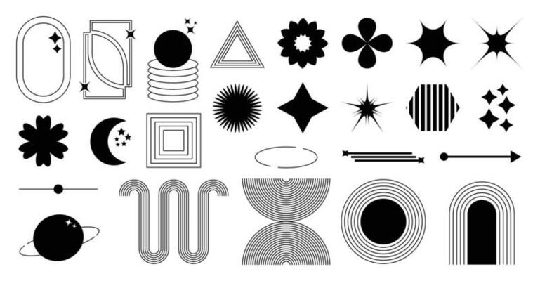 Set of geometric shapes in trendy 90s style. Black trendy design with frame, sparkles, star, flower, moon, lines. Y2k aesthetic element illustrated for banners, social media, poster design, sticker.
