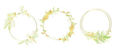 lujo botánico oro Boda marco elementos en blanco antecedentes. conjunto de polígono, círculo, brilla, hoja sucursales. elegante follaje diseño para boda, tarjeta, invitación, saludo. vector