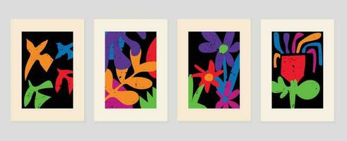 conjunto de resumen cubrir antecedentes inspirado por Matisse. plantas, hoja, flor, coral, grunge textura en mano dibujado estilo. contemporáneo estético ilustrado diseño para pared arte, decoración, fondo de pantalla. vector