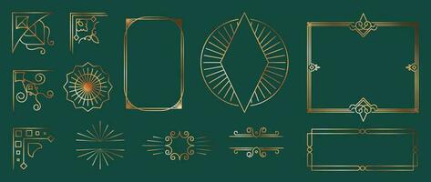 Collection of geometric art deco ornament. Luxury golden decorative elements with different lines, frames, headers, dividers and borders. Set of elegant design suitable for card, invitation, poster. vector