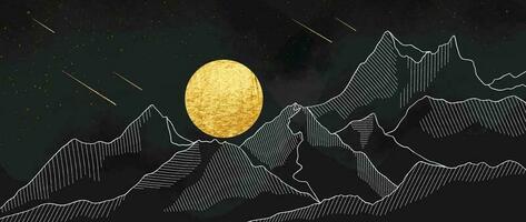 Luxury mountain wallpaper with night scenic landscape. Gold color full moon, galaxy, line art hills background vector. Design illustration for cover, invitation, packaging, fabric, poster, print. vector