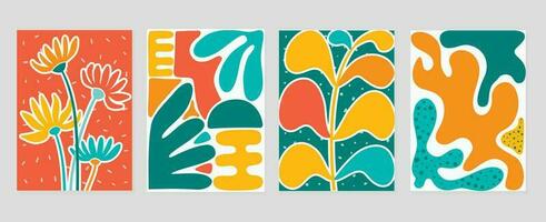 Set of abstract cover background inspired by matisse. Plants, leaf branch, coral, flower in hand drawn style. Contemporary aesthetic illustrated design for wall art, decoration, wallpaper. vector