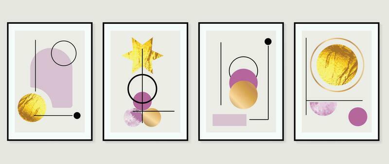 Abstract geometric wall art background vector. Set of modern wall decoration with shapes, circle, star, lines, gold, marble texture. Trendy wallpaper illustration for interior, print, cover.