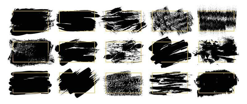 Set of graffiti element vector. Gold frames, brush texture, black spark paint, space for text. Abstract luxury and brush stroke illustration collection design for cover, banner, graffiti, art.