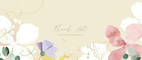 Spring floral in watercolor vector background. Luxury flower wallpaper design with wild flowers, line art, golden texture. Elegant gold botanical illustration suitable for fabric, prints, cover.