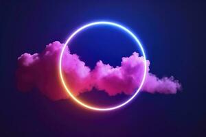 3d render, abstract cloud illuminated with neon light ring on dark night sky. Glowing geometric shape, round frame, generate ai photo