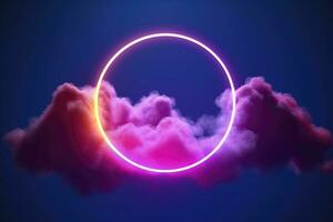 3d render, abstract cloud illuminated with neon light ring on dark night sky. Glowing geometric shape, round frame, generate ai photo