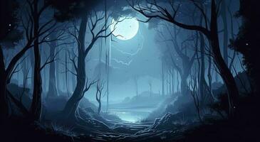 the landscape of a spooky forest at night, in the style of realistic blue skies, whimsical illustration, detailed backgrounds, free brushwork, generate ai photo