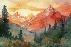 Paint a watercolor landscape of a mountain range with snow-capped peaks, featuring a vibrant sunset sky and intricate details of rocks and trees, generate ai photo