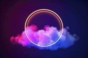 3d render, abstract cloud illuminated with neon light ring on dark night sky. Glowing geometric shape, round frame, generate ai photo