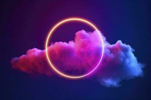 3d render, abstract cloud illuminated with neon light ring on dark night sky. Glowing geometric shape, round frame, generate ai photo